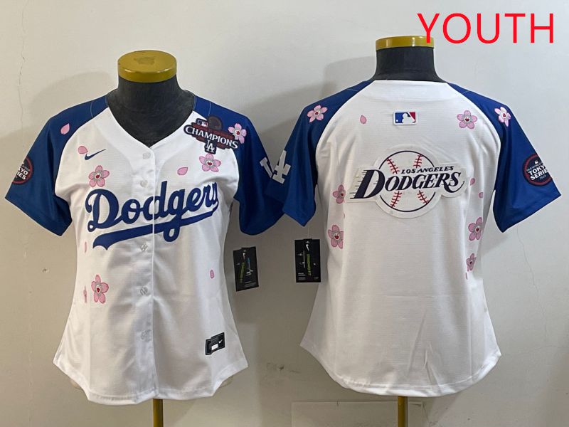 Youth Los Angeles Dodgers Blank White Blue Sakura Edition 2025 Nike MLB Jersey style 25->youth mlb jersey->Youth Jersey